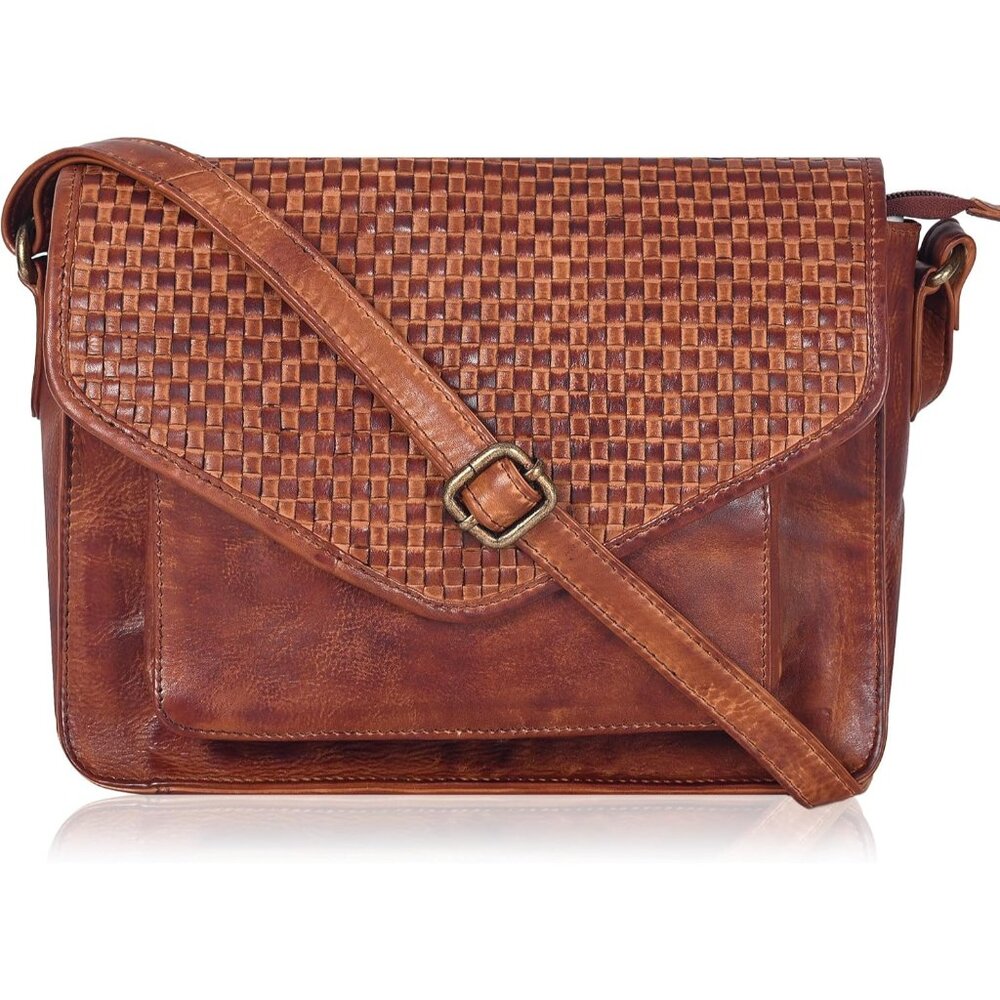 〽️Women Tan Weaving Leather Flapover Crossbody Handbag Adjustable Strap Tote/Bag